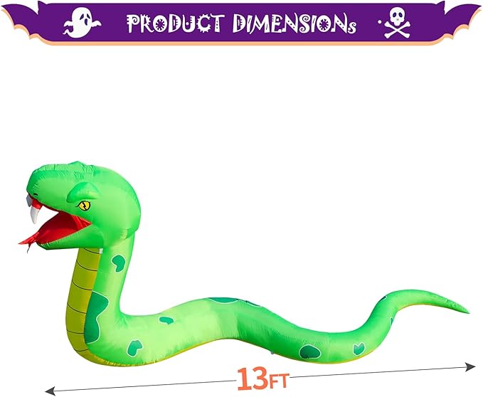DomKom 13FT Halloween Inflatable Blow Up Decorations, Giant Snake, Built-in LEDs for Holiday Party, Garden, Lawn, Yard, Patio Décor