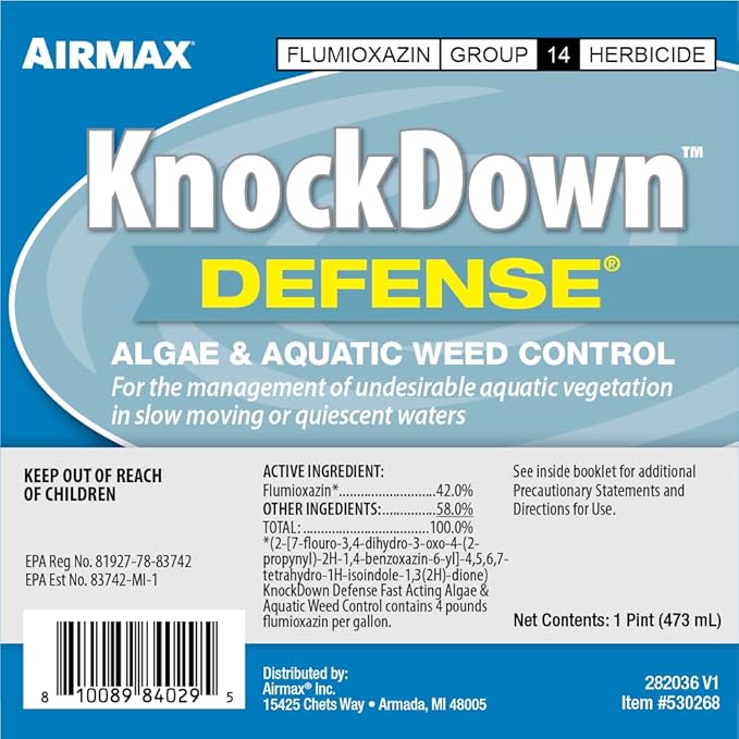 Airmax Knockdown Defense 2-in-1 Liquid Pond Algae Control, Effective & Fast Acting Algaecide, Aquatic Weed Treatment for Clear Water in Ponds & Lakes, Liquid Formulation for Easy Use, 16 fl oz