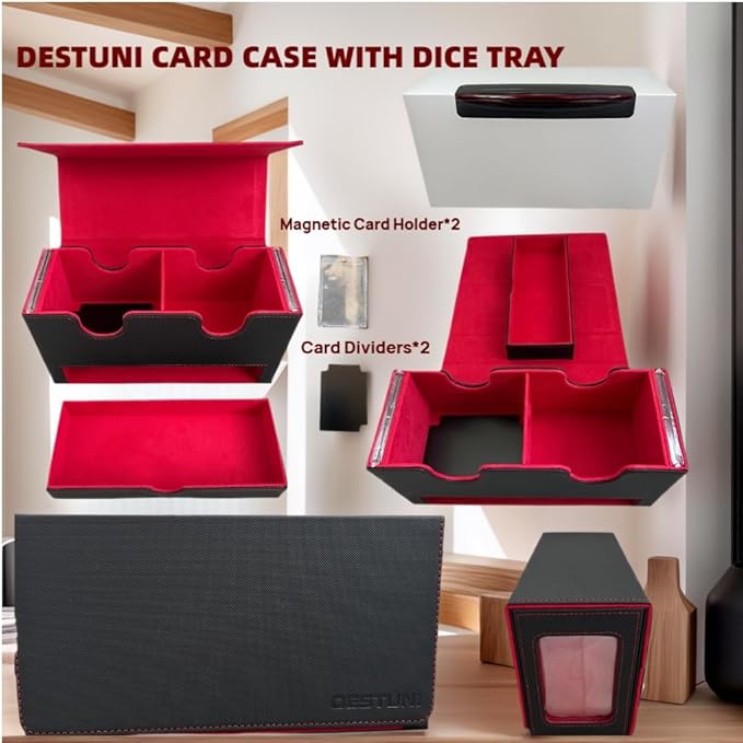 Card Deck Box for mtg – Fits 100+ Double-Sleeved Cards, Dual Commander Display with Dice Tray, PU Leather Organizer for TCG, CCG, Sports Cards (Black&Red)