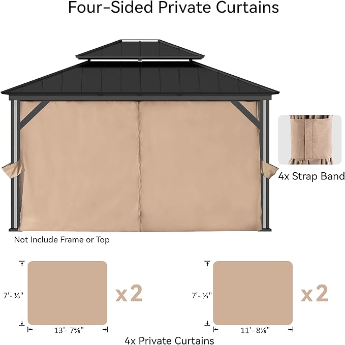 Gazebo Curtain Replacement Universal 4-Panel Sidewalls 12' x 14', Outdoor Gazebo Privacy Curtains with Zipper, Replacement for Outdoor, Patio Canopy, Garden and Backyard (Curtain Only)
