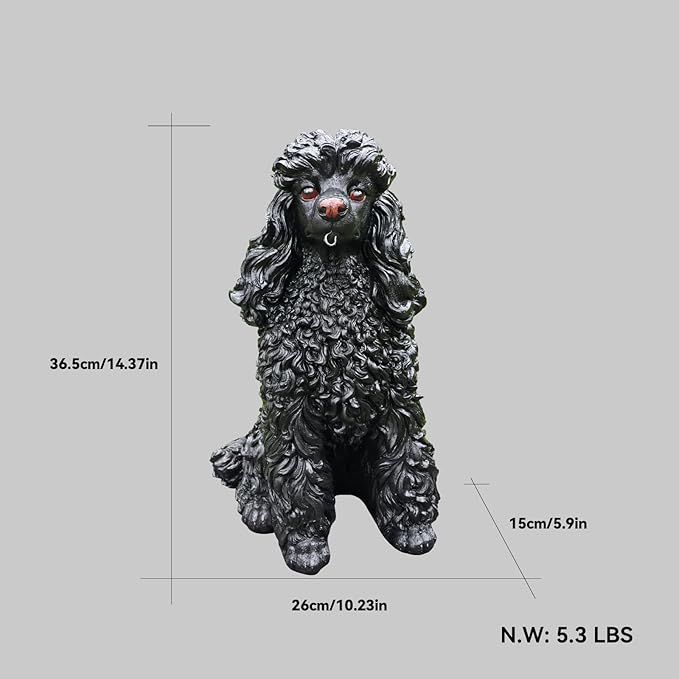 Porch Greeter Dog Statue with Flip-Over “Welcome/ON Patrol” Hanging Plaque and Solar Walkway Lantern, Black Sitting Poodle Yard Accent