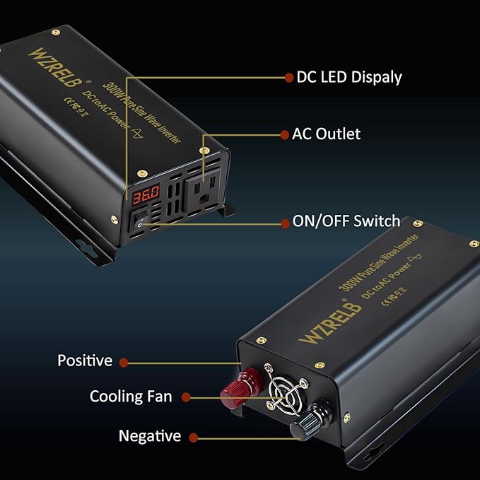 WZRELB 300W Pure Sine Wave Power Inverter 600W Peak DC 36V to 110V AC Car Adapter Off Grid with LED Display