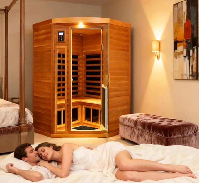 2-3 Person Infrared Sauna, Red Cedar Wood Low EMF Far Infrared Saunas for Home, 1760watt Indoor Personal Sauna Roombox with Door Heating Panels, Outdoor Lamps, Blue-Tooth, Dual Control