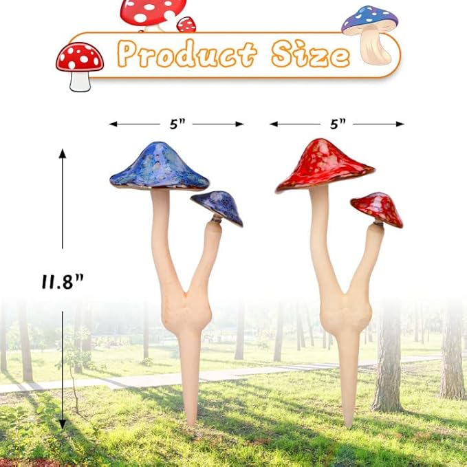 Mushroom Yard Decor - 2pcs Ceramic Mushroom Statue for Garden, Fairy Garden Stakes Ceramic Lawn Ornament Decor Plants Stake