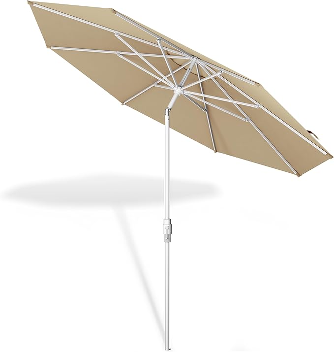 Midtown Umbrellas The Swilt 10 Feet Patio Umbrella in Sunbrella Heather Tan Acrylic Fabric - Fiberglass Ribs, Auto-Tilt Aluminum Frame For Backyard, Deck, Garden, Pool - White Pole