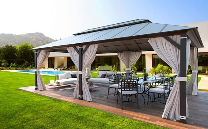 YOLENY 12' X 20' Hardtop Gazebo, Aluminum Composite Ventilation Double Roof Permanent Outdoor Pavilion Pergola Party Tent for Patio, Lawn, Garden, Poolside, Curtains and Netting Included.