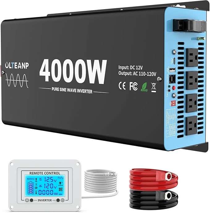New Upgraded 4000 Watts Pure Sine Wave Inverter, 12V DC to 110V AC Power Inverter with 4 AC Outlets, USB Port, Type-C Port for Truck, Vehicle, Power Outage, Remote Control with LCD Screen