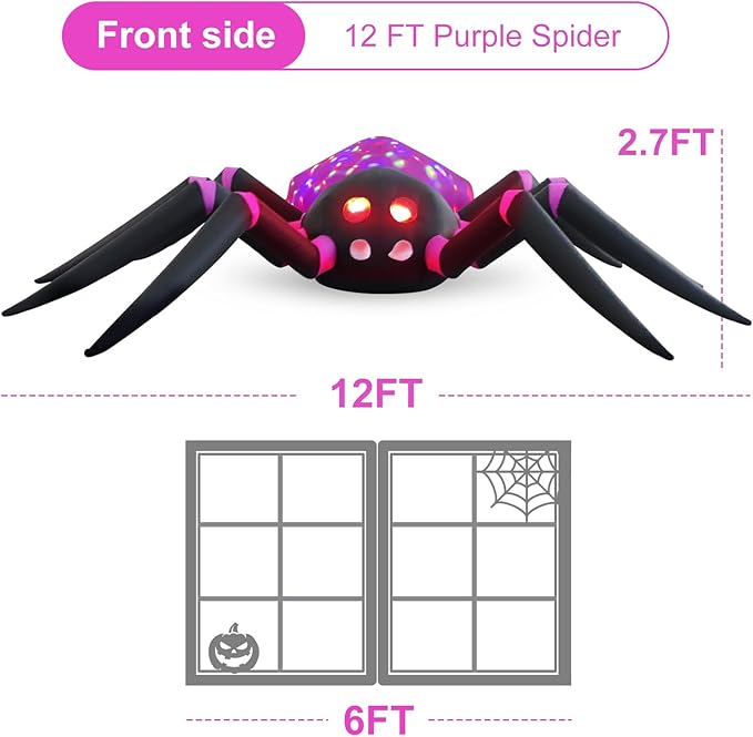 12ft Purple Spider Halloween Inflatable Outdoor Decoration, Yard Decorations with LED Lights for Outdoor Lawn, Garden, Home Holiday Party