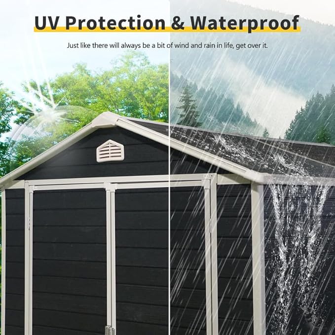 8 x 6 FT Outdoor Storage Shed with Window, Outside Garden Resin Sheds w/Floor and Lockable Doors, Waterproof Plastic Tool House for Backyard, Garden, Patio, Lawn, Bike Accessories, Black