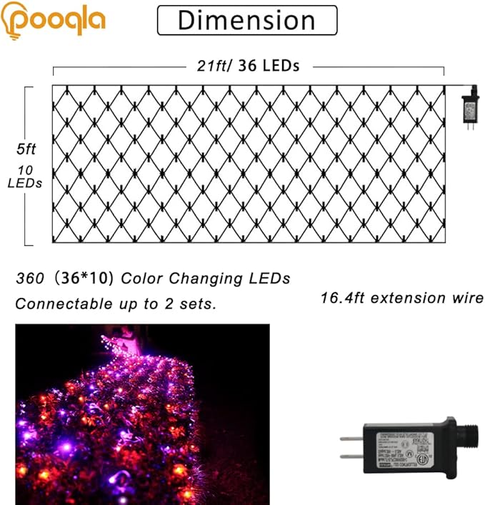 Pooqla 360 LED Halloween Net Lights Outdoor, 21 ft x 5 ft Connectable Mesh String Lights 8 Modes Waterproof Plug in for Halloween Decoration Bushes Yard Garden Party, Orange and Purple