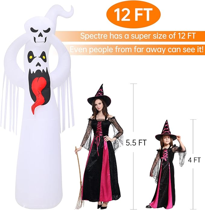 DomKom Halloween Inflatable Blow Up Decorations, 12FT Giant Terrible Spooky Ghost, Built-in LEDs for Holiday Party, Garden, Lawn, Yard, Patio Décor