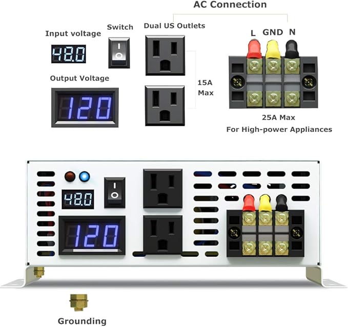 3000W Pure Sine Wave Power Inverter DC 48V to 110V 120V AC Car Inverter with Dual Outlets +Hardwire Terminal +Digital LED Display Solar Converter