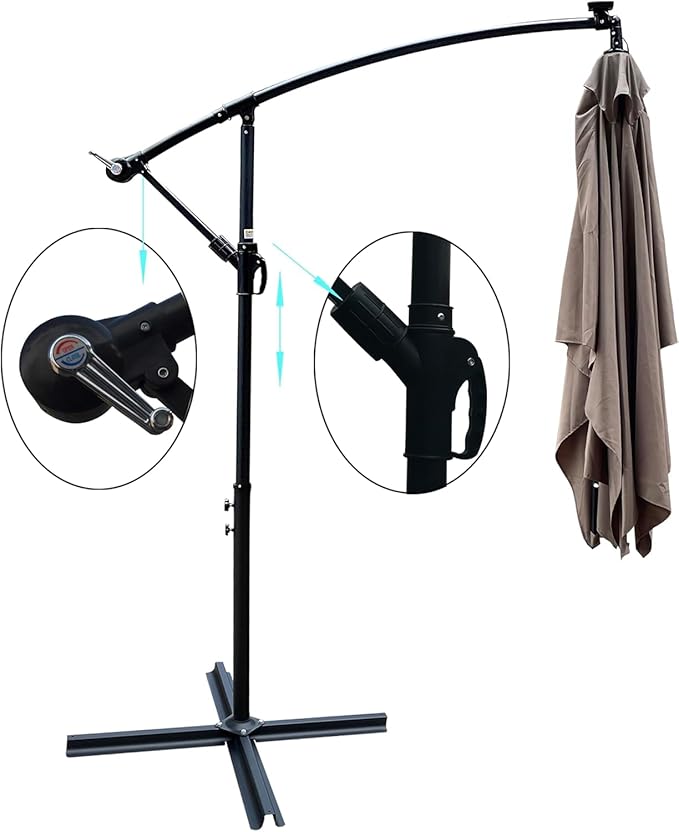 10x6.5FT Patio Umbrella, Outdoor Offset Umbrella with Cross Base and Crank, Rectangular Cantilever Umbrella with Solar Lights, Hanging Market Umbrella with 6 Rids for Pool, Deck, Backyard (Mushroom)