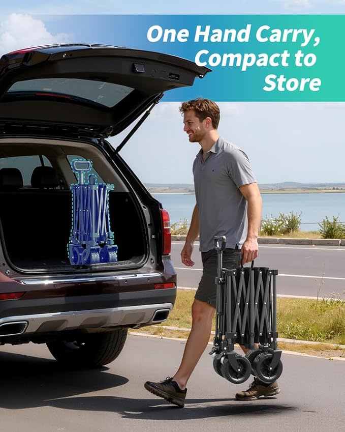 45.5" L Kitsure Collapsible Wagon - Heavy Duty Foldable Wagon with 440lbs Capacity, Adjustable Handle, Shopping Cart with Wheels for Camping, Groceries, Black, 45.5" x 24.0" x 38.0"