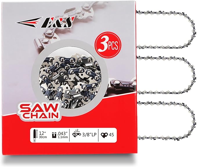 E & S 3 Pack 12 Inch Chainsaw Chain 3/8" LP Pitch .043" Gauge 45 Drive Links Semi-Chisel Chain Saw Chains for Husqvarna, Poulan, Craftsman, Greenworks and More Chainsaw Brands