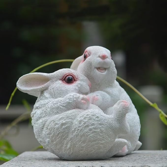Garden Statues Bunny Decor Resin Hug Rabbit Figurine Cute Fairy Garden Decor Outdoor Statues for Patio Yard Porch Balcony Gifts for Women Mom Grandma White