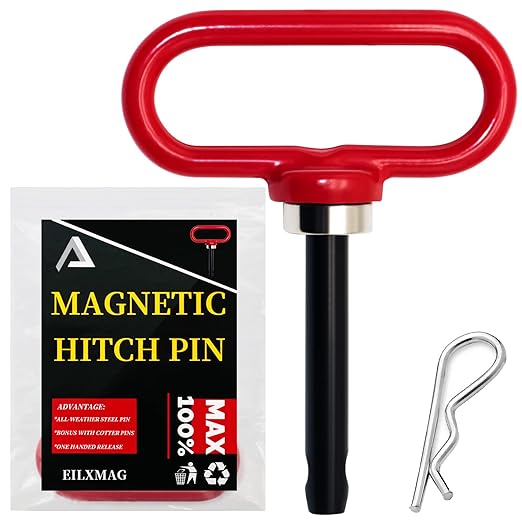 Magnetic Hitch Pin, Lawn Mower Trailer Hitch Pins 1/2 Inch - Strong Heavy Duty Magnet Trailer Gate Pin for Mowers, Lawn Tractors, Towing Cargo, ATV - Simple One Handed Hook On & Off（Red）