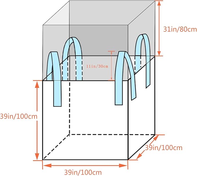 FIBC Bulk Bag - 2650 lbs Capacity, 39x39x39 inches, Polypropylene (PP), Open Top, White, Rectangular, Reusable, 1-Pack
