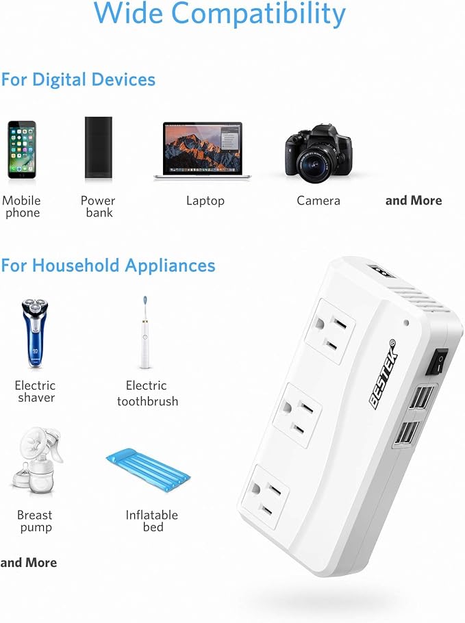 BESTEK 200W Power Inverter DC 12V to 110V AC Inverter with 4.2A 4-Port USB Car Adapter [ETL Listed]