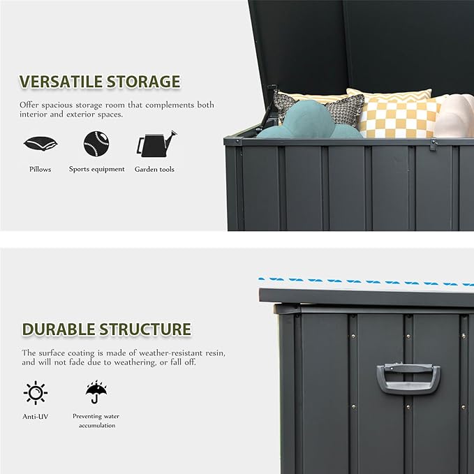 CHUNLY 160 Gallon Waterproof Deck Box with Lockable Lids, Patio Storage Box with Mobility Rollers, Outdoor Storage Bench for Furniture Cushions, Garden Tools & Pool Accessories (Dark Gray)