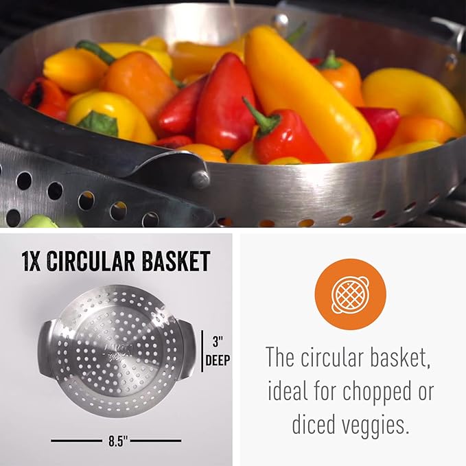 Yukon Glory 3-Piece Mini Grill Basket Set, Perforated Stainless Steel Vegetable BBQ Baskets With Grill Pan Topper, Square & Round, Dishwasher Safe