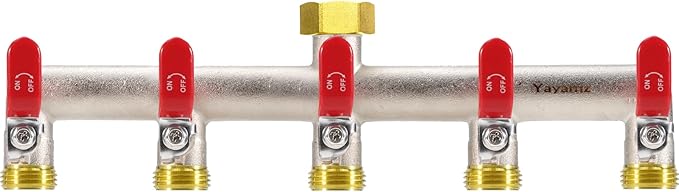 5 Way Garden Hose Splitter, Heavy Duty Brass Nickel Plated Rust Resistant Faucet Manifold, 3/4" Frost Resistant Outdoor Hose Adapter Connector，Hose Spigot Adapter with 5 large red handles
