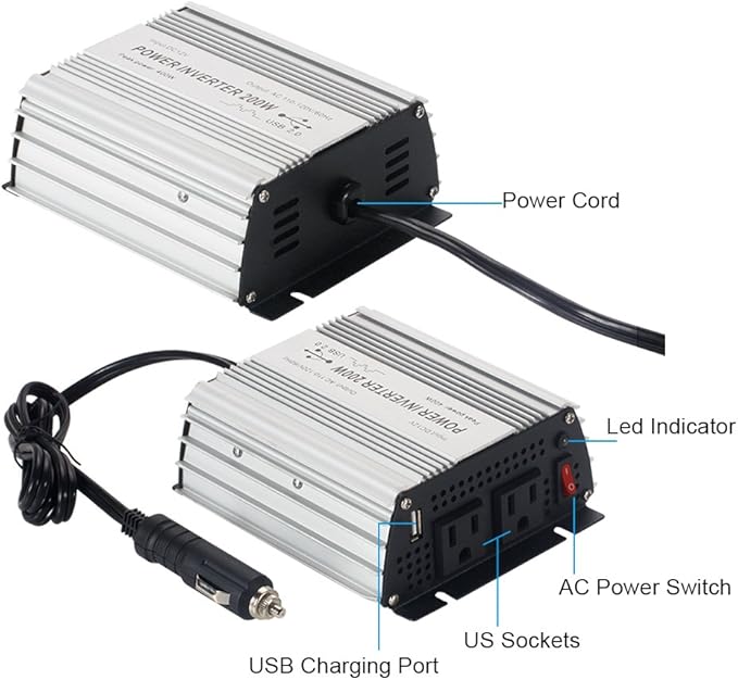 200W Power Inverter DC 12V，Output 110V-120V AC Car Inverter with USB Car Adapter