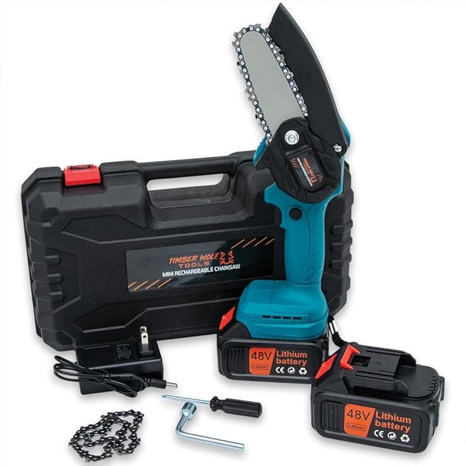 Timber Wolf Tools Mini Rechargeable Chainsaw with Carry Case | 4" Chain | ABS Body | Includes Two 1,500mAh Batteries & Charger | Lightweight and Portable | Tools and Accessories Included