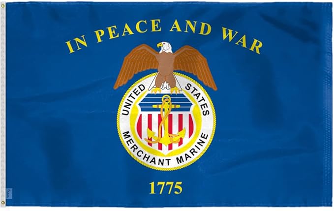 AGAS Large United States Merchant Marines Flag 5x8 Ft - Printed 200D Nylon Canvas Header Two Brass Grommets Big USA Merchant Marines Flag