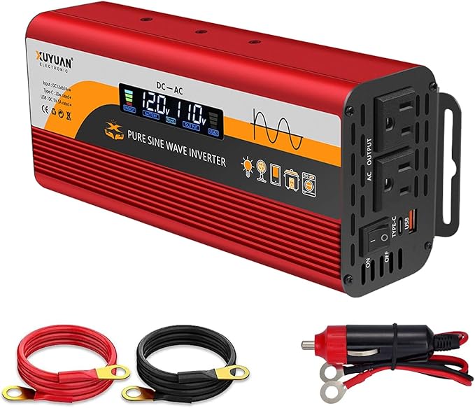 500W Pure Sine Wave Inverter (1000W Peak), 12V/24V Auto-Detect, 50Hz/60Hz Switchable, LCD Display, Type-C Fast Charging, Silent Design, Overload & Overheat Protection for RV, Home (RED-500W)
