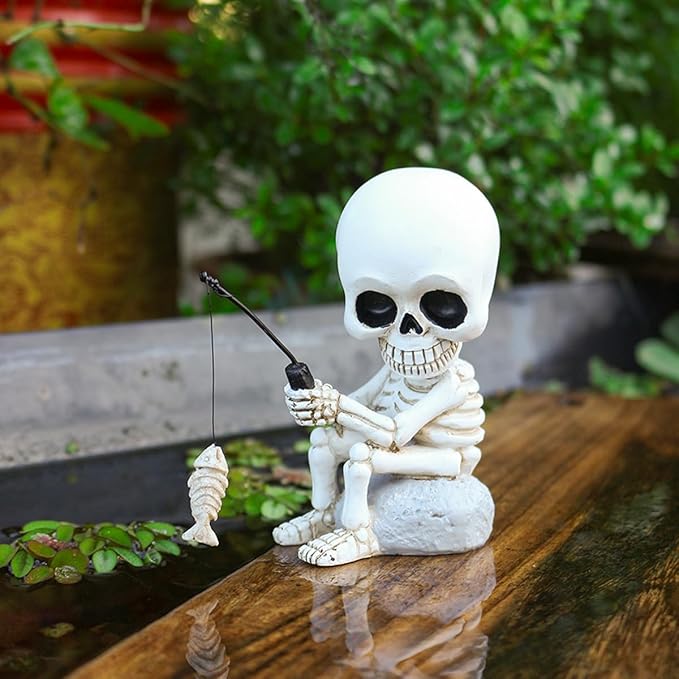 Fishing Skeleton Statue with Rotating Head Funny Halloween Decor, 3.8 Inch Cute Sitting Skull Figurine Resin Sculpture for Outdoor Garden Yard Lawn Pond Pool Ornaments