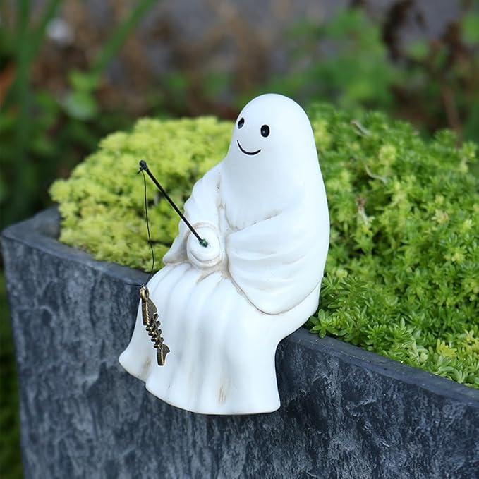 Fishing Ghost Statue Funny Halloween Decorations, 3.35 Inch Cute Sitting Ghost Figurine Shelf Sitter Resin Sculpture for Outdoor Garden Yard Lawn Pond Waterfalls Pool Ornaments