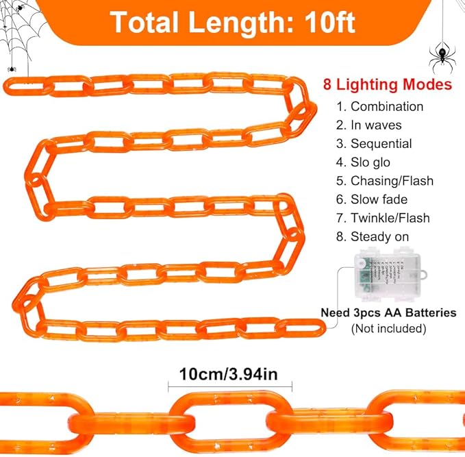 10Ft Halloween Chain String Light Decorations Outdoor Indoor, 160 LED Lights with 8 Modes Waterproof Lighted Prop Chains for Halloween Party Favors Yard Haunted House Spooky Decor(Orange)