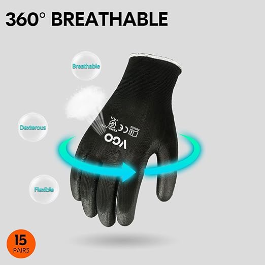Vgo... 15-Pairs Safety Work Gloves, Gardening Gloves, Polyurethane Coated, Dipping Gloves, Latex Free (Size S, Black, PU2103)