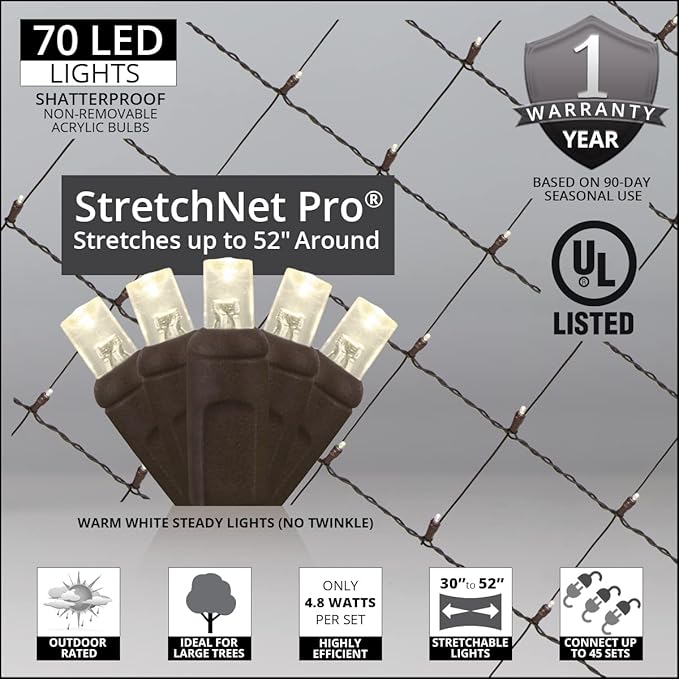 70 Warm White LED StretchNet Pro Expandable Christmas Net for Large Trees – Tree and Trunk Wrap, 30" x 45" Stretchable Net, Brown Wire Outdoor Decoration