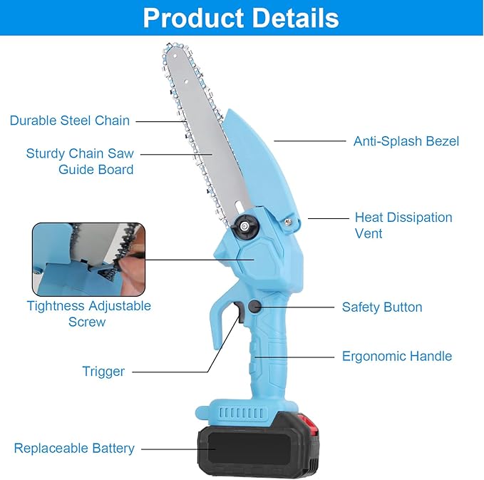 Mini Chainsaw Cordless 8 Inch, Battery Powered Electric Chainsaw with Security Lock, Small Handheld Chain Saw for Tree Branches, Cordless Hand Saw for Wood Cutting, Black