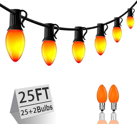 C7 Christmas Lights, 25FT C7 String Lights with 27 Orange Bulbs, Hanging Christmas Decoration Light for Outdoor Indoor Patio Home Party Garden Yard-Black Wire
