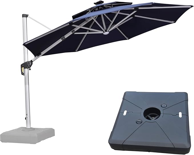 PURPLE LEAF 11ft Patio Umbrella With Base Solar powered LED Cantilever Umbrella with LED lights Windproof Outdoor Offset Umbrella for Garden Deck Pool Patio, Navy Blue