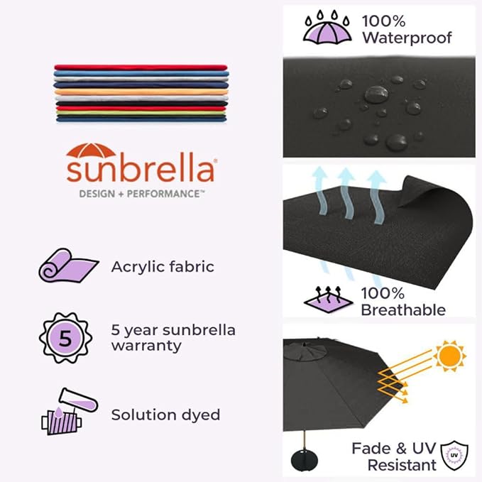 Midtown Umbrellas Sunbrella Umbrella Outdoor Patio Umbrella 2-9 Feet in Sunbrella Black Acrylic Fabric, Auto-Tilt Aluminum Frame For Backyard Umbrella, Deck Umbrella & Porch Umbrella - Wooden Pole