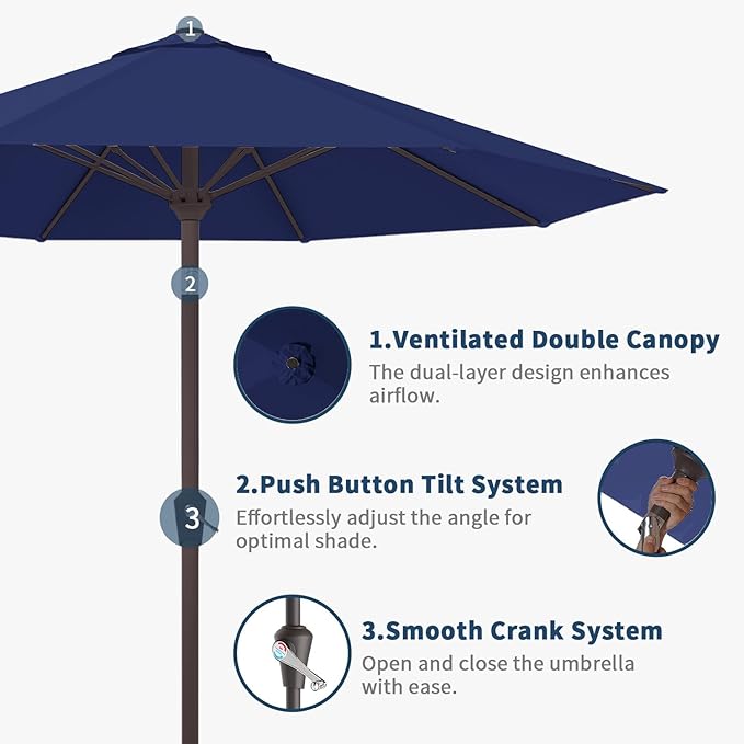 9FT Patio Umbrella with Fiberglass Ribs, Outdoor Market Table Umbrella with Crank and Tilt, UV Resistant Waterproof Canopy for Patio, Garden, Deck, Pool, Navy Blue