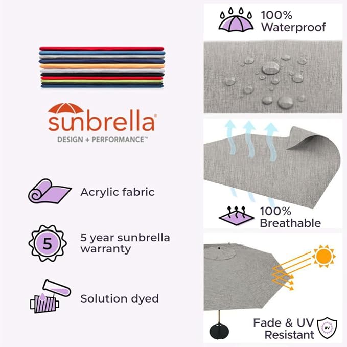 Midtown Umbrellas Sunbrella Umbrella Outdoor Patio Umbrella 2-9 Feet in Cast Slate Acrylic Fabric, Auto-Tilt Aluminum Frame For Backyard Umbrella, Deck Umbrella & Porch Umbrella - Wooden Pole