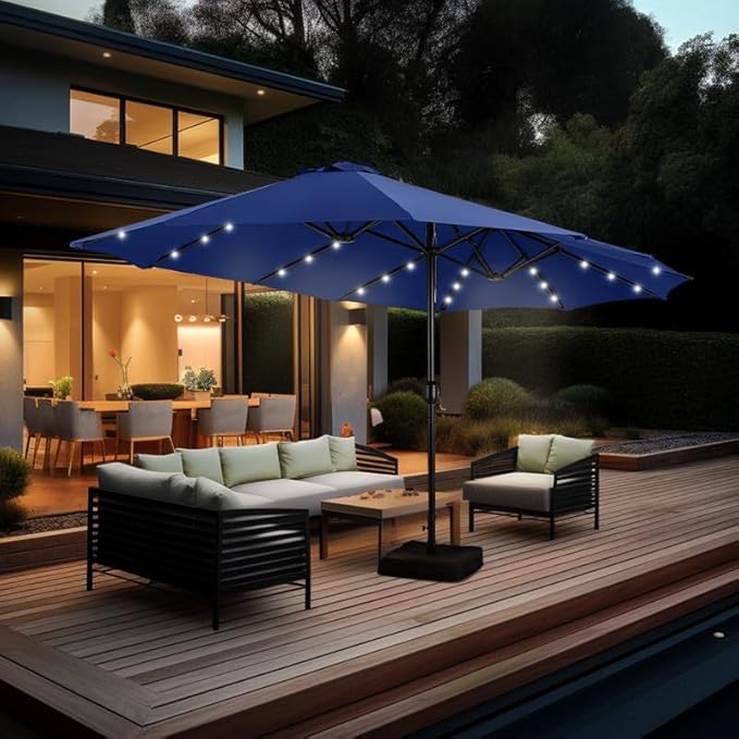 GREEN PARTY 15 ft Rectangle Patio Umbrella with Solar Lights and Base Included, Double-Sided Market Table Umbrella with Crank, Large Outdoor Umbrellas for Patio Poolside Garden Backyard, Haze Blue