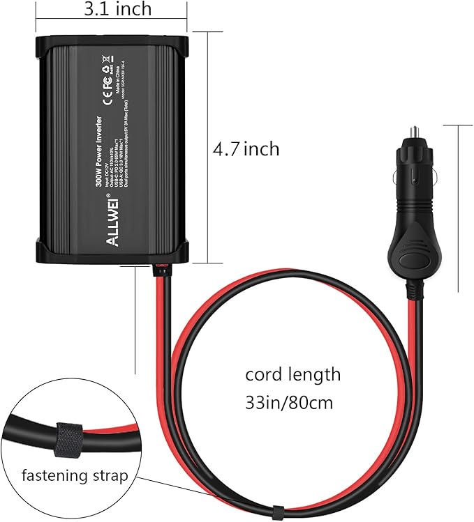 ALLWEI 300W Power Inverter 12V DC to 110V AC Car Plug Adapter Outlet Converter with 65W PD USB-C &18W USB-A Fast Charger, Car Cigarette Lighter Adapter for Laptop Tablets Phones - Portable - Black
