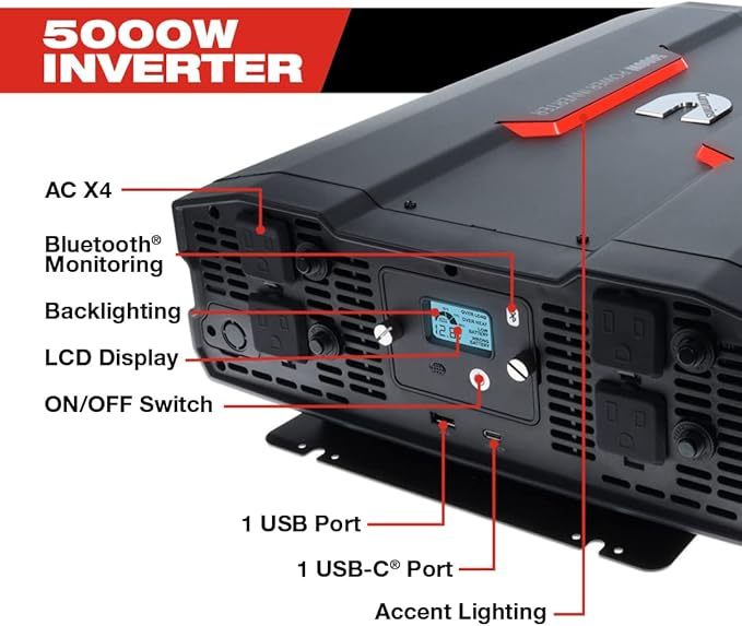 Cummins 5000 Watts Inverter Modified Sine Wave Truck Inverter 12 Volts to 110 Volts Four AC Outlets Two USB Ports (Plus Cable Kit)- CMN5000W - Inverters for Vehicles, Van Life, Camping