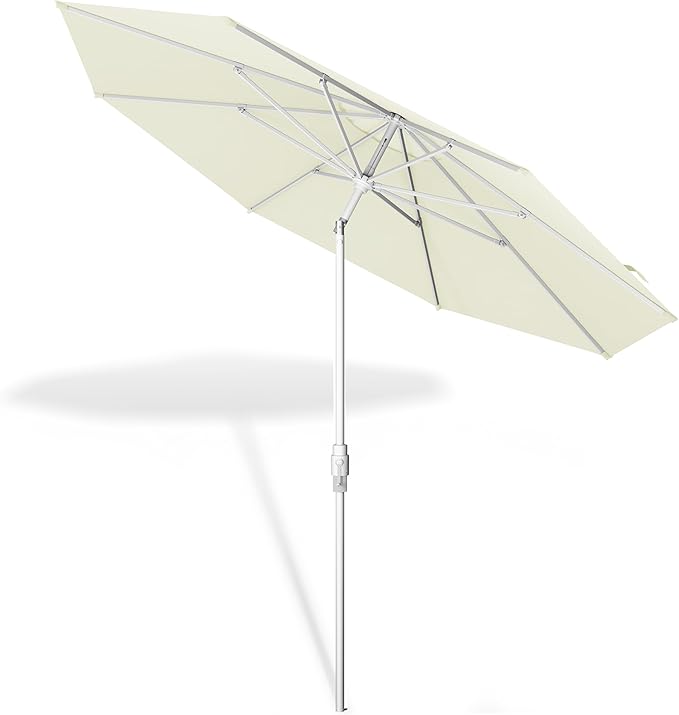 Midtown Umbrellas The Swilt 9 Feet Patio Umbrella in Sunbrella Canvas Natural Acrylic Fabric - Fiberglass Ribs, Auto-Tilt Aluminum Frame For Backyard, Deck, Garden, Pool - White Pole