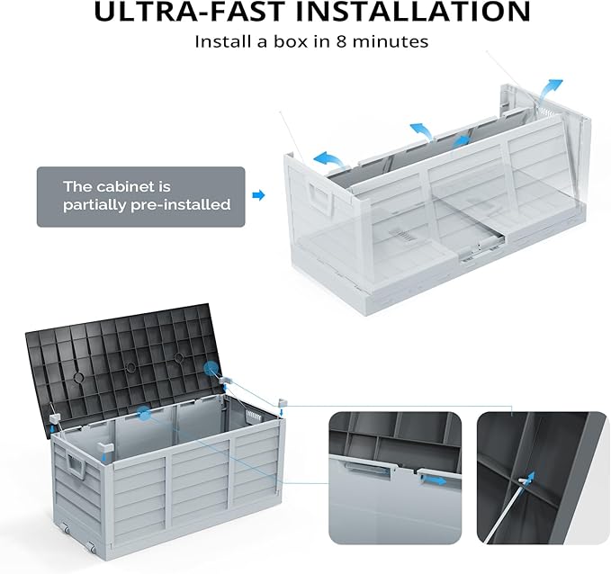 Outvita Foldable 75 Gallon Outdoor Storage Box, Plastic Storage Containers with Lid, Patio Deck Box Furniture for Garden, Pool, Balcony, Yard (Gray Body-Black Lid)
