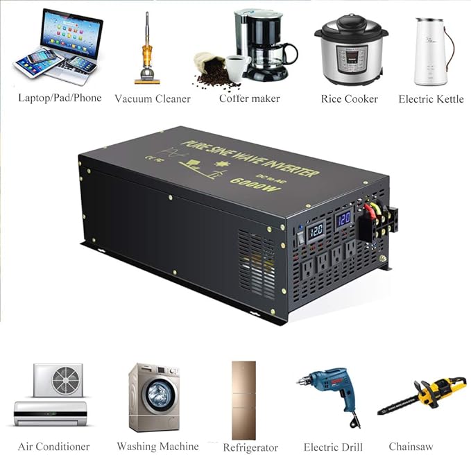 WZRELB Pure Sine Wave 6000W (10000W Surge) 12VDC 120VAC Power Inverter - Solar, RV (RBP-600012S)