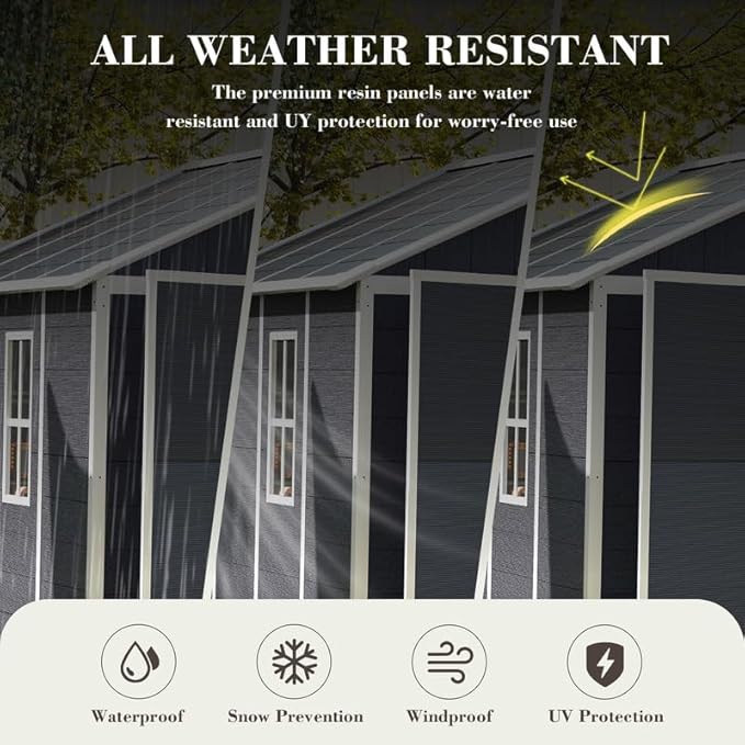 8x8 FT Resin Outdoor Storage Shed with Floor and Window, Outside Waterproof Plastic Garden Sheds w/Lockable Door & Vents, All-Weather Tool House for Patio, Backyard, Lawn, Dark Gray