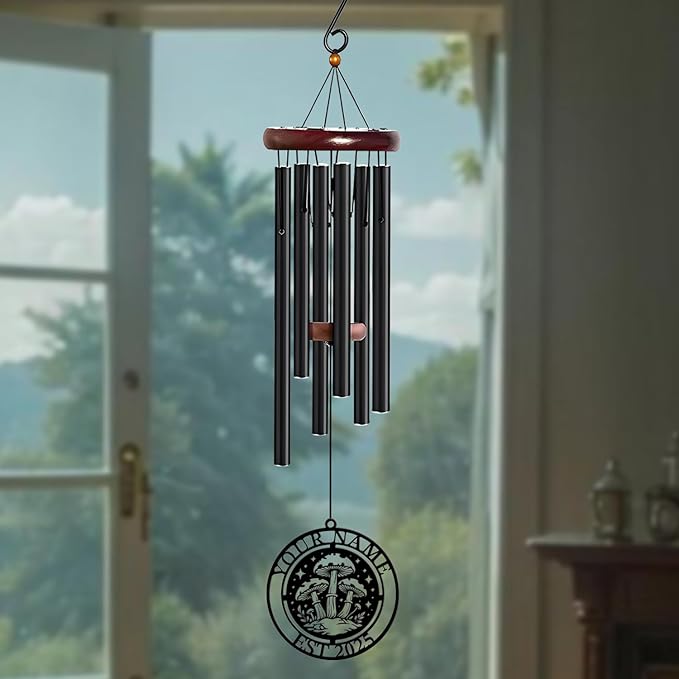 Personalized Customize Name Fantasy Mushroom Wonderland Wind Chime, Metal Iron 37 Inch Outdoor Memorial Gift for Garden Yard Patio Home Decor, Black (Style G)
