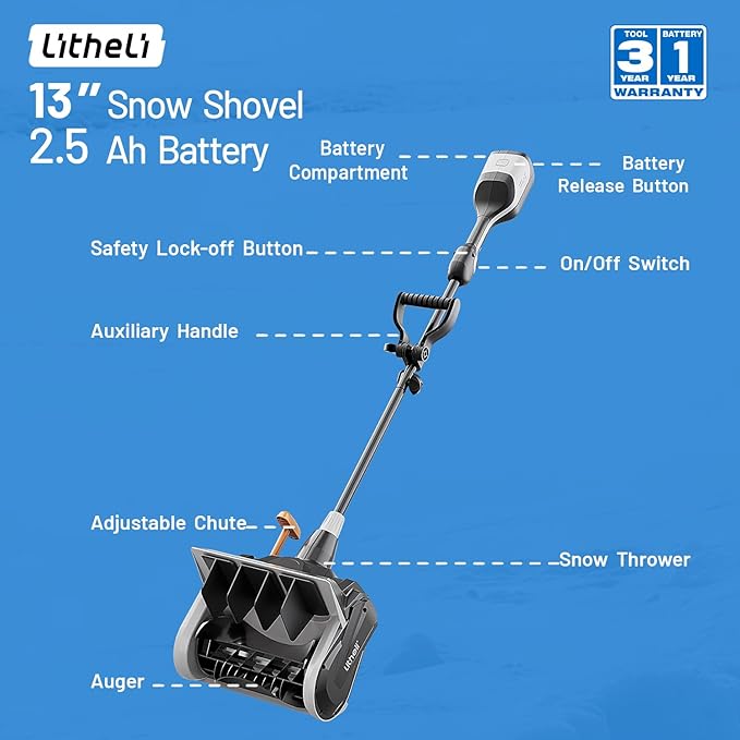 Litheli Cordless Snow Shovel, 40V 13'' Brushless Electric Snow Blower for Driveway, Battery Powered Snow Thrower, 2.5Ah Battery Included